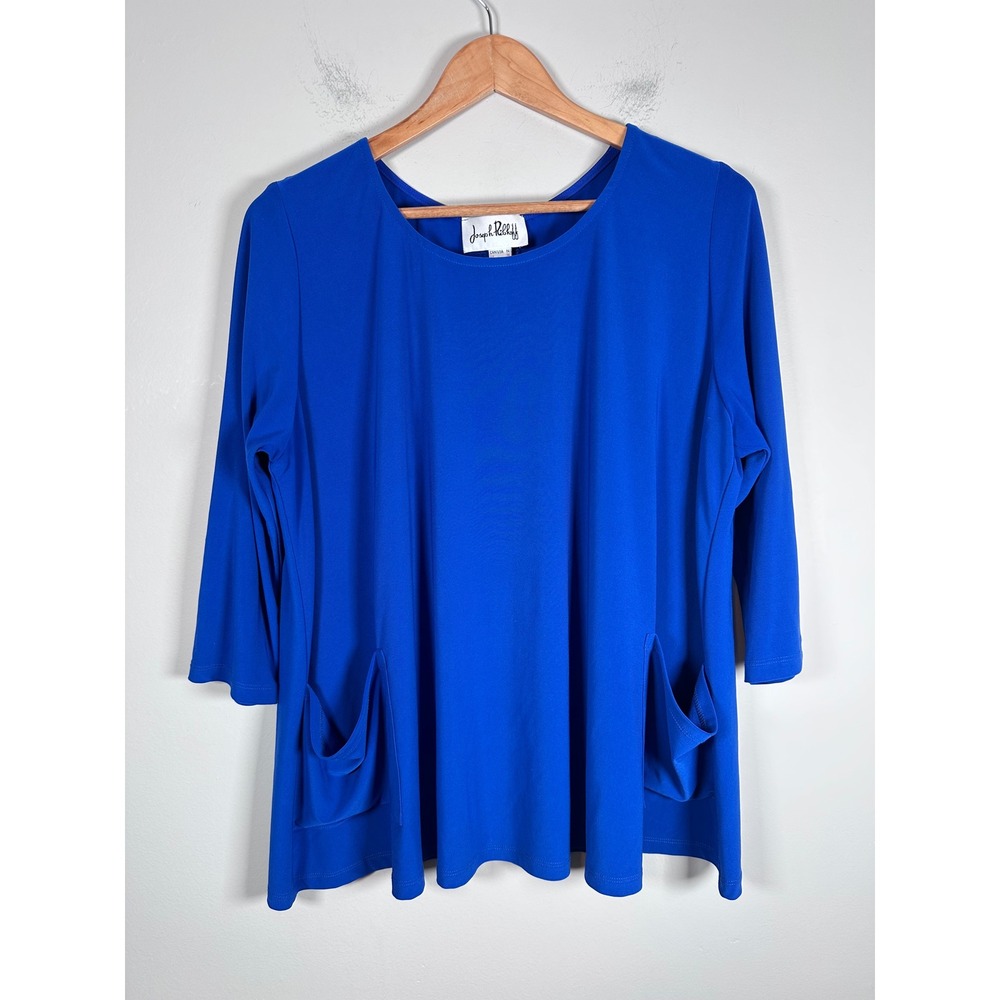 Joseph Ribkoff Tunic Women 14 Blue Button Back Minimalist Artsy Art to wear